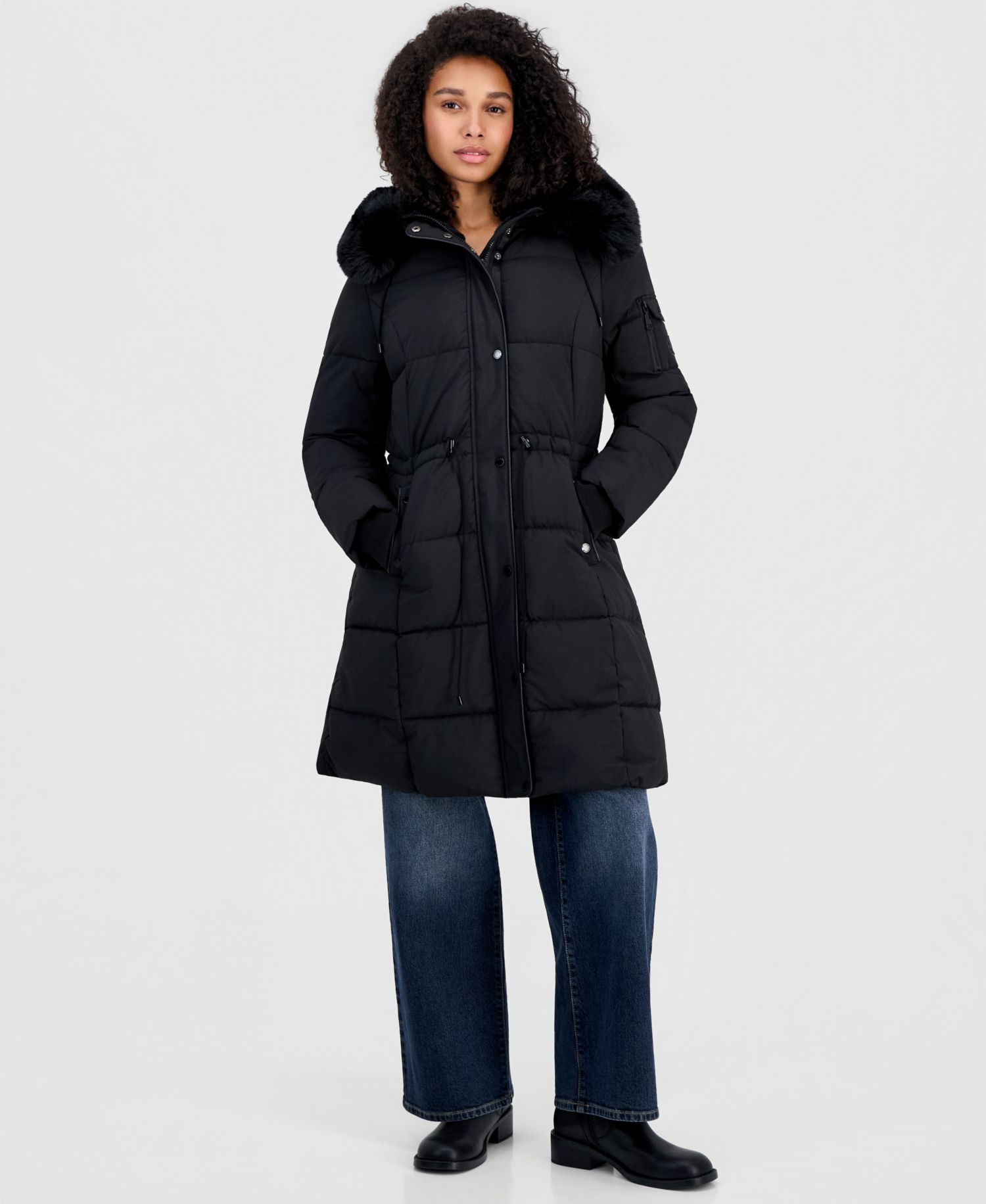 Women's Hooded Drawcord-Waist Puffer Coat