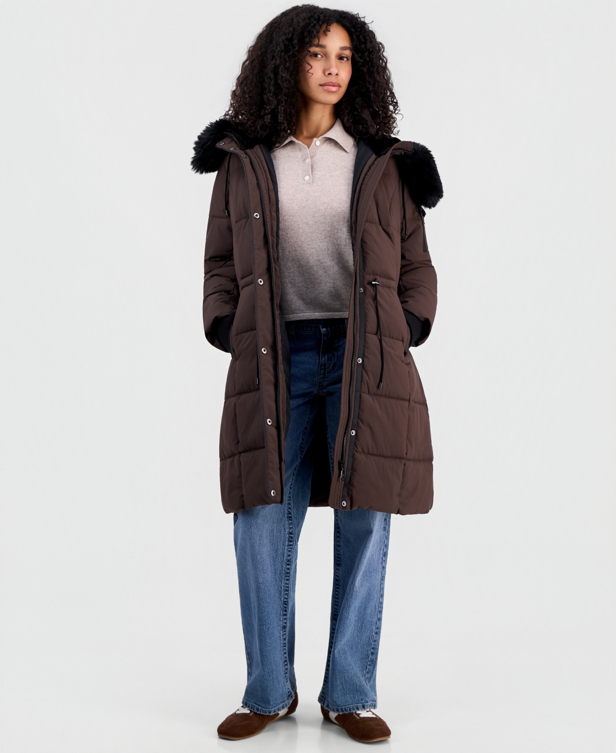 Steve Madden Women's Hooded Drawcord-Waist Puffer Coat - Espresso