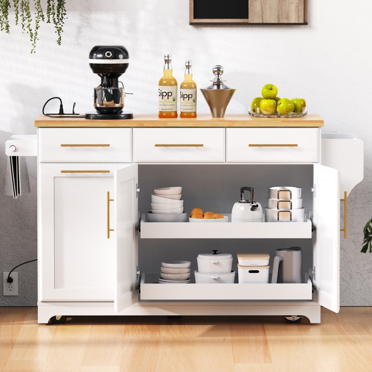 Streamdale Furniture 59.3 inch Rolling Kitchen Island with Drop Leaf, Storage, Power Outlet and Trash Bin