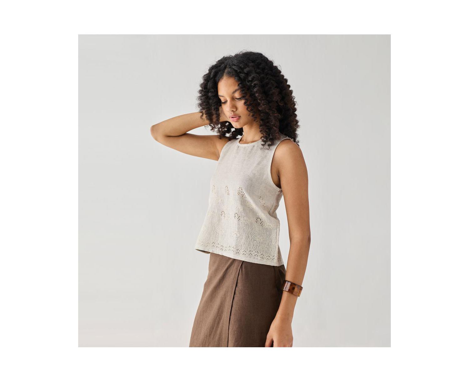 Women's Checkered Linen Embroidered Button-Back Top