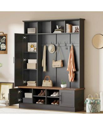 3-in-1 Farmhouse Hall Tree with Storage Bench and 6 Hooks, 55"W