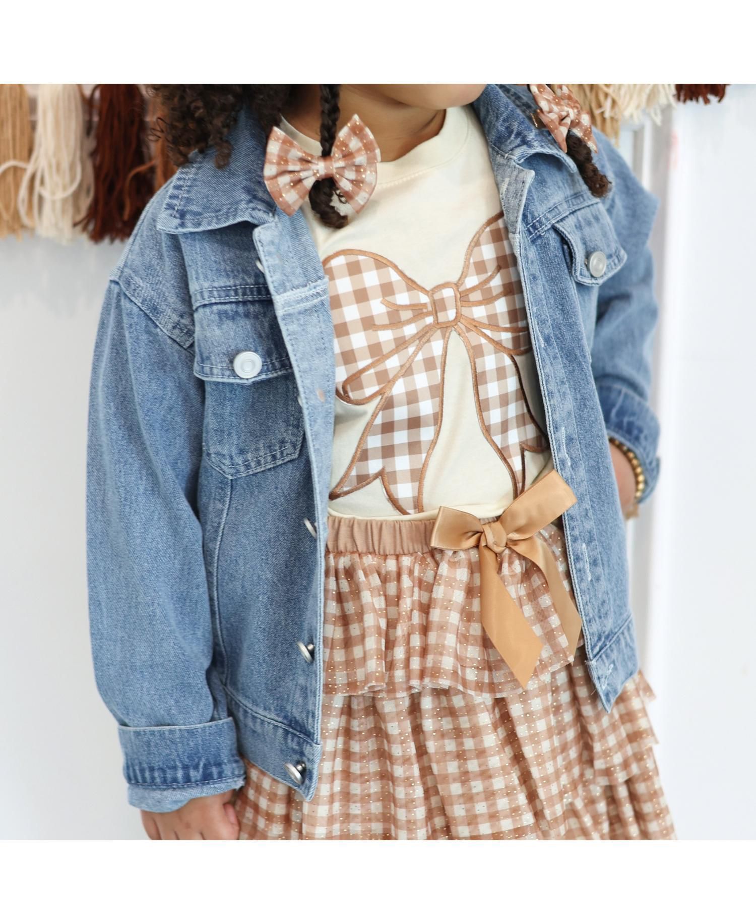 Little Girls Gingham Bow Patch Denim Jacket