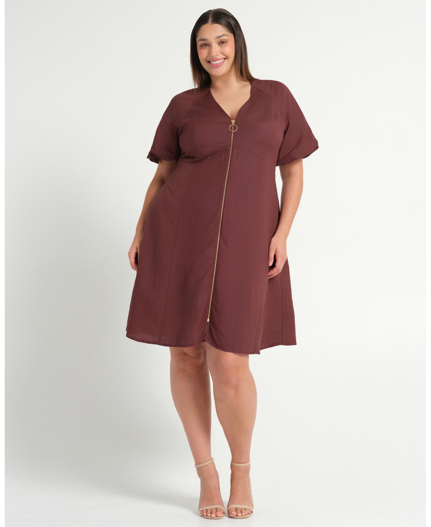 Women's Heather Linen Zip-Front Fit Flare Mini Dress