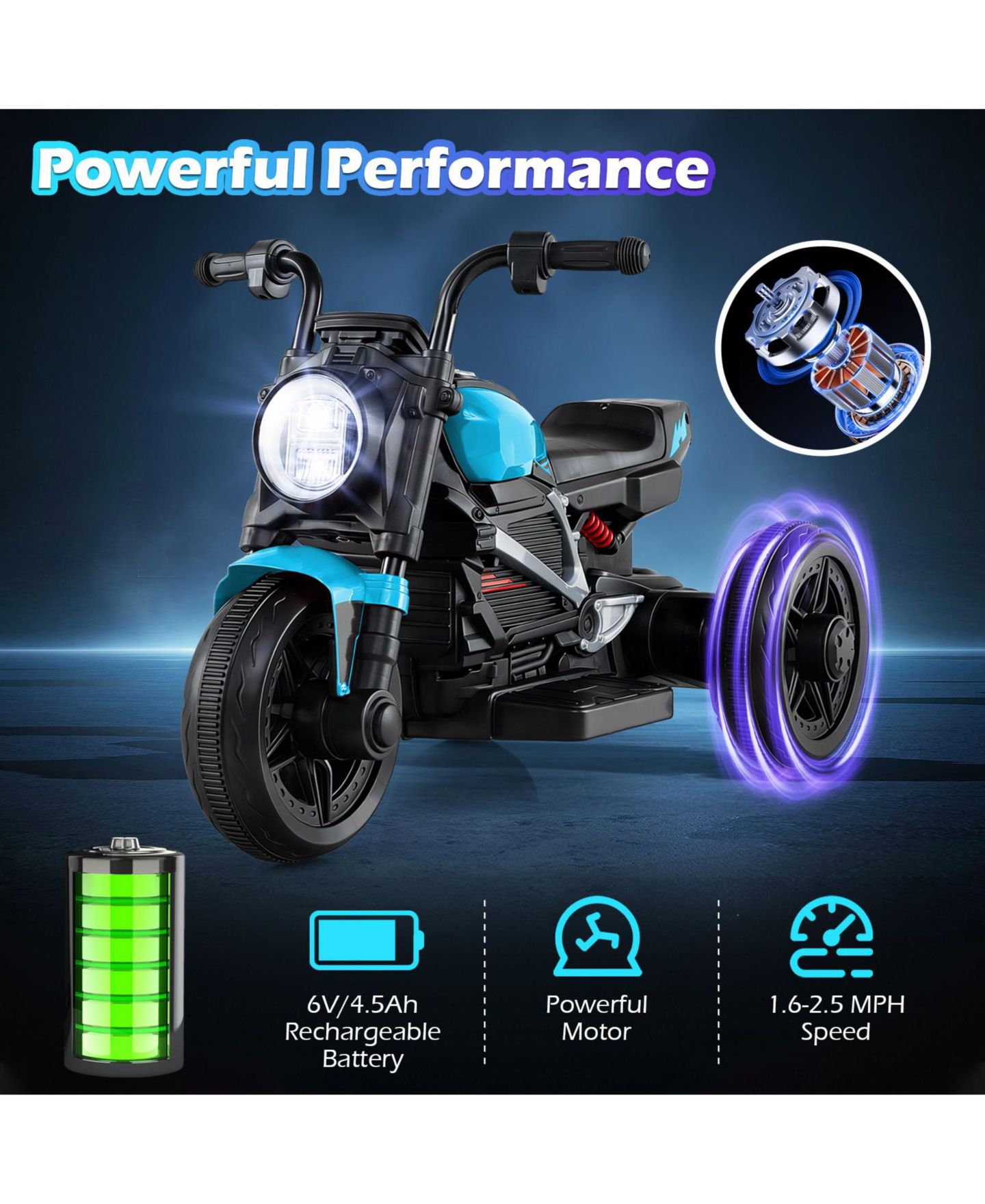 Детский электромотоцикл Slickblue 6V со светодиодной фарой и музыкой, 79 см, от 3 лет, цвет: Синий — фото 7