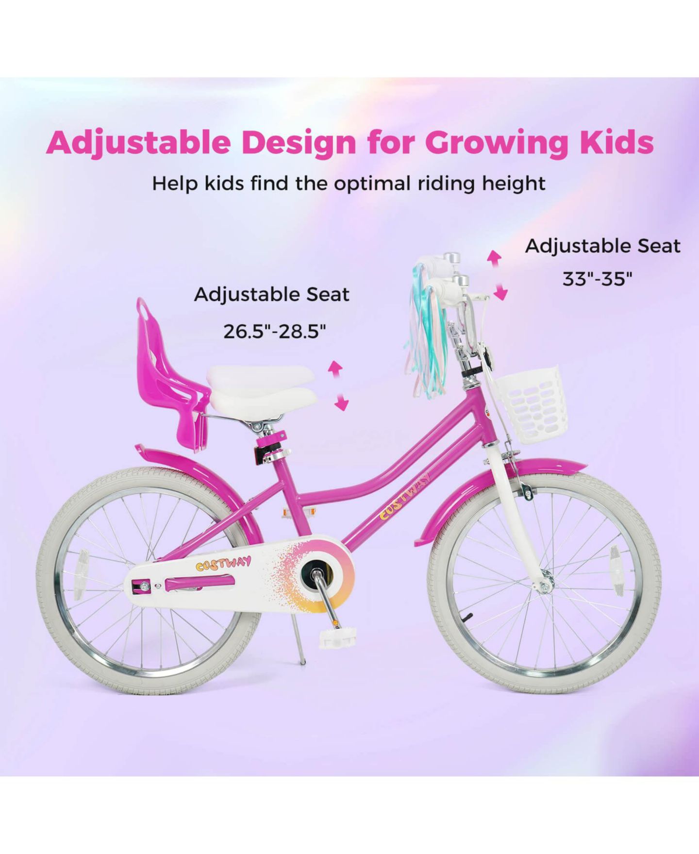 Детская игрушка Costway 20" Girls Bike with Doll Seat and Basket, 166 lbs Capacity, Ages 8+, цвет: Розовый — фото 8