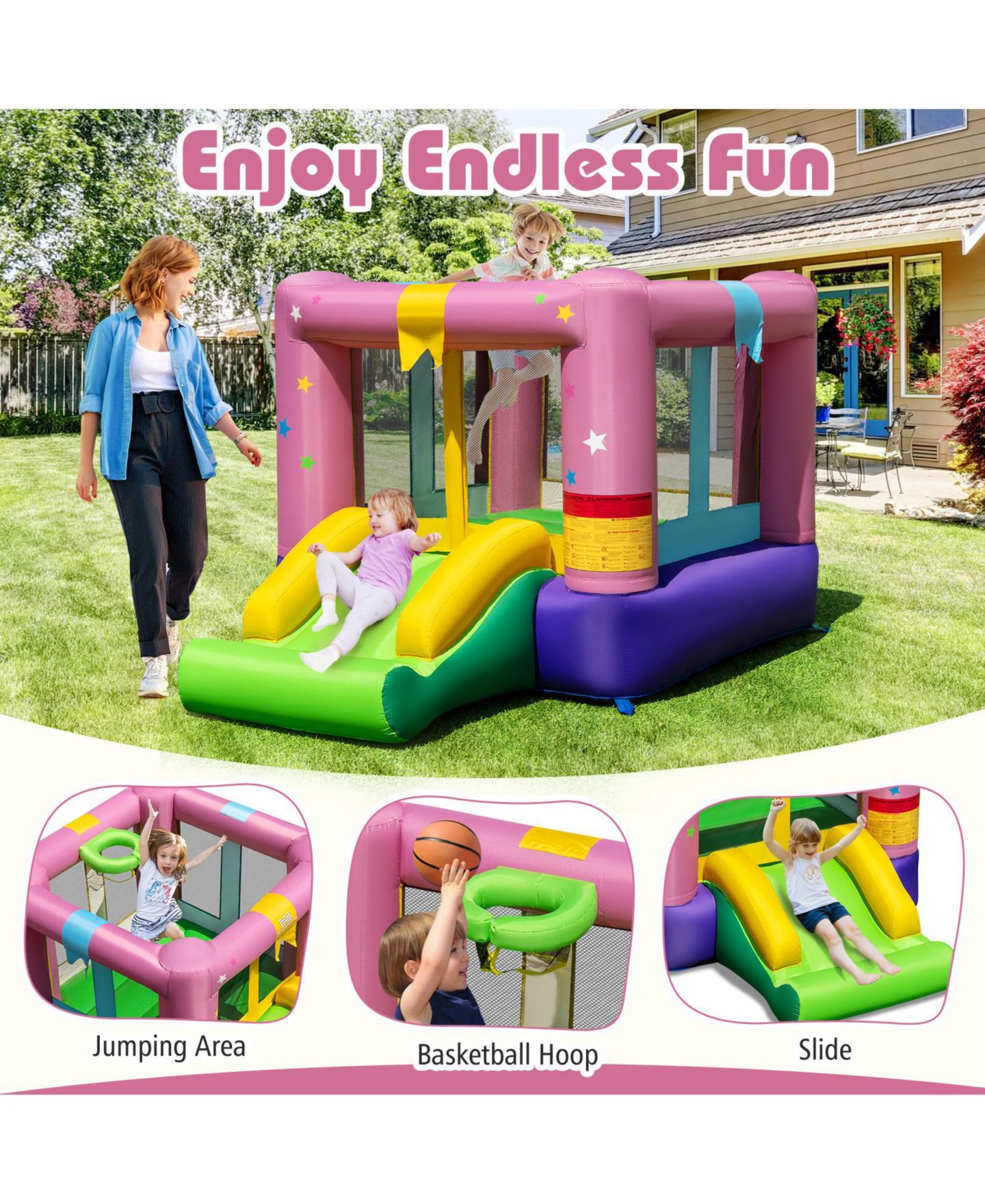 Детская игрушка Slickblue Party Inflatable Bounce House with Slide and 480W Blower, For up to 2 Players, Ages 3-12, цвет: Разноцветный — фото 7