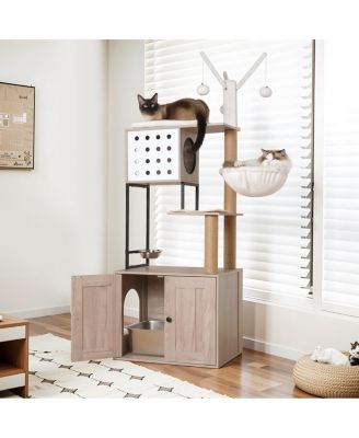 Modern Cat Tree with Litter Box Enclosure and Scratching Posts