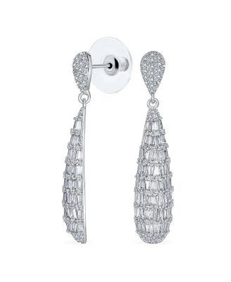 Bridal Cubic Zirconia Pave CZ Elongated Teardrop Statement Chandelier Earrings Silver Plated