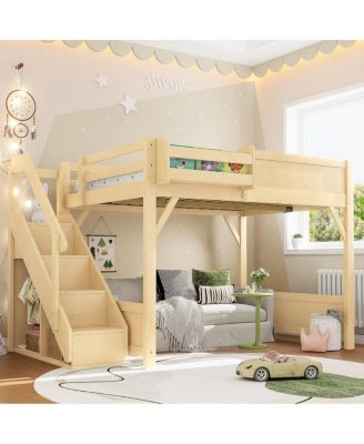 Solid Wood Loft Bed with Wardrobe, Storage, and Stairs