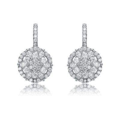 White Gold Plated CZ Flower Cluster Halo Dangle Earrings