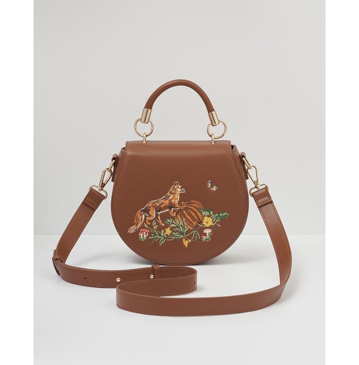 Fable England Women's Fox and Pumpkin Embroidered Tan Saddle Bag