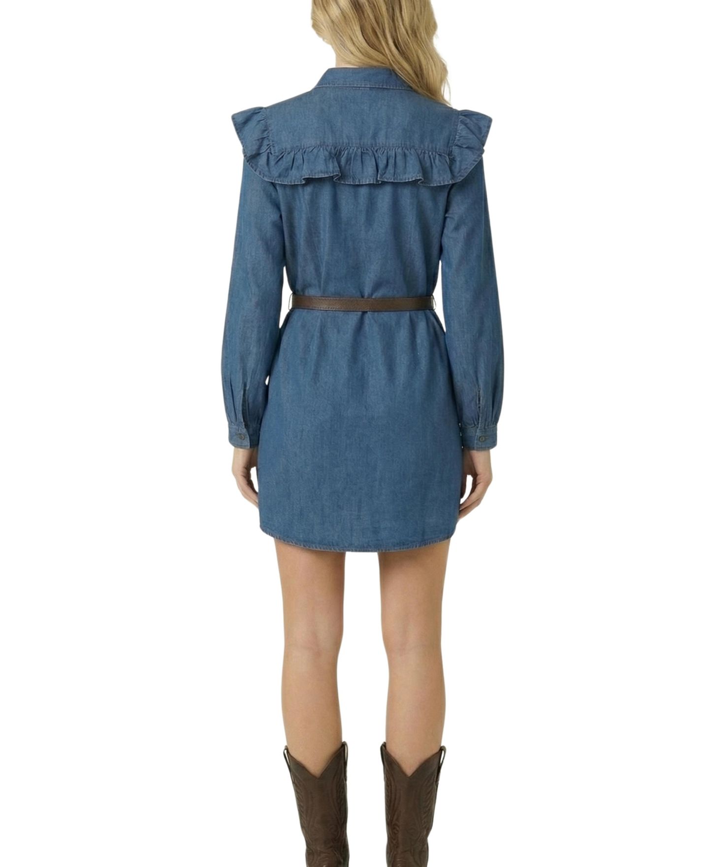 Женское платье Modenaire Ruffled-Collar Belted Shirt Dress, цвет: Средняя варка синий — фото 9