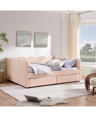 Gingham Daybed with Storage Drawers, USB Port and Wave Headboard