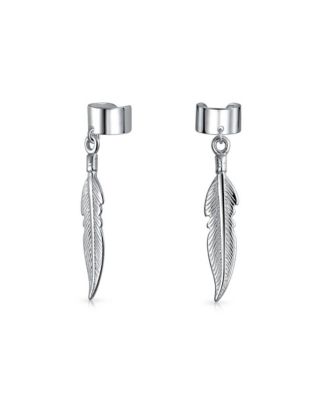 Feather Ear Lobe Earrings Dangling Leaf Cartilage Cuff Earrings .925 Sterling Silver