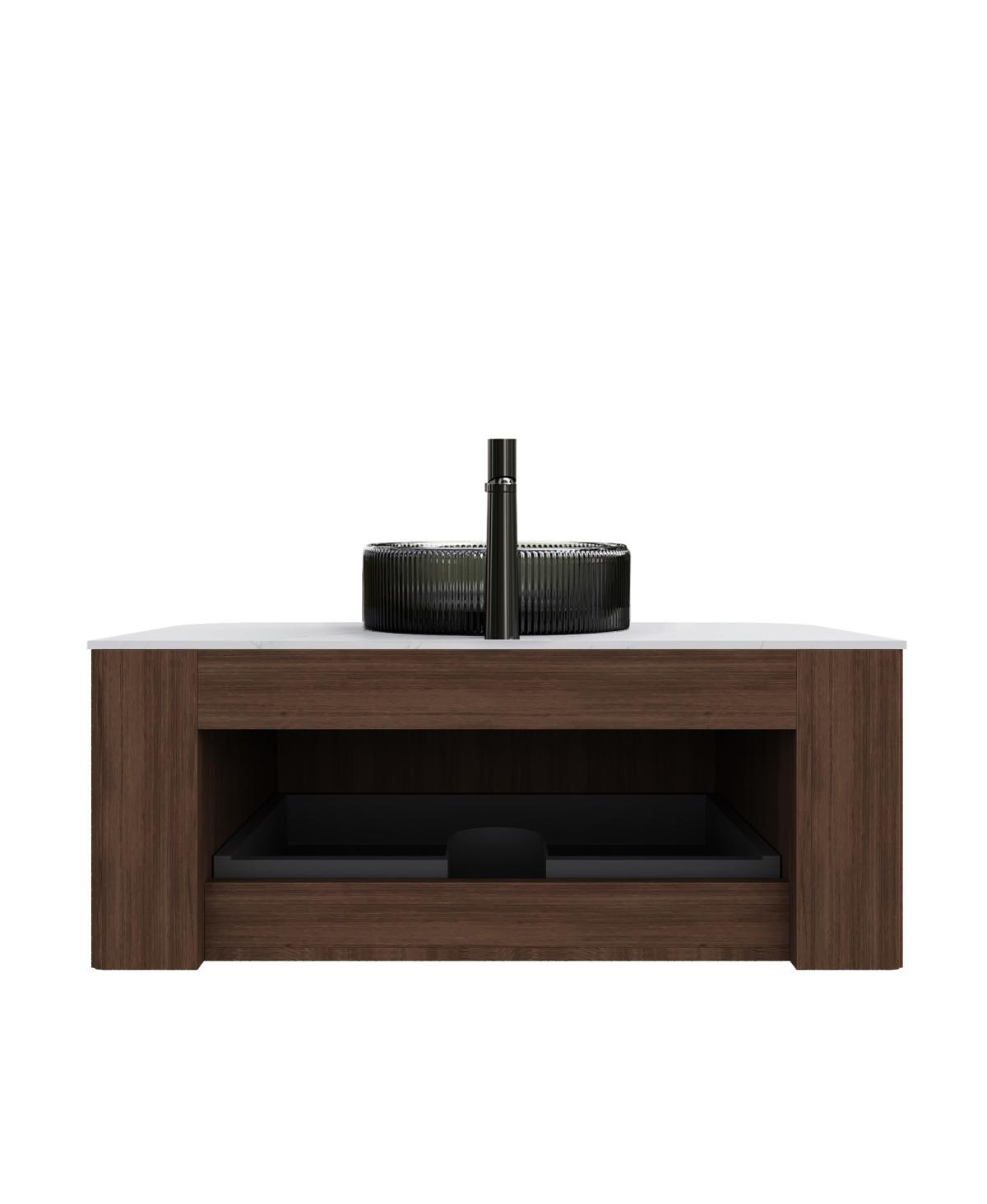 Sillysis Wall Mounted Bathroom Vanity with Crystal Glass Vessel Sink, Wood Grain Cabinet
