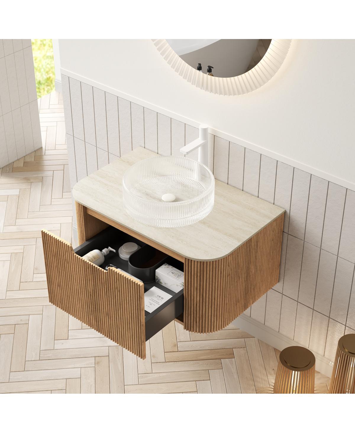 Sillysis Wall Mounted Bathroom Vanity with Crystal Glass Round Sink, Wood Grain Cabinet, Sintered Stone Top
