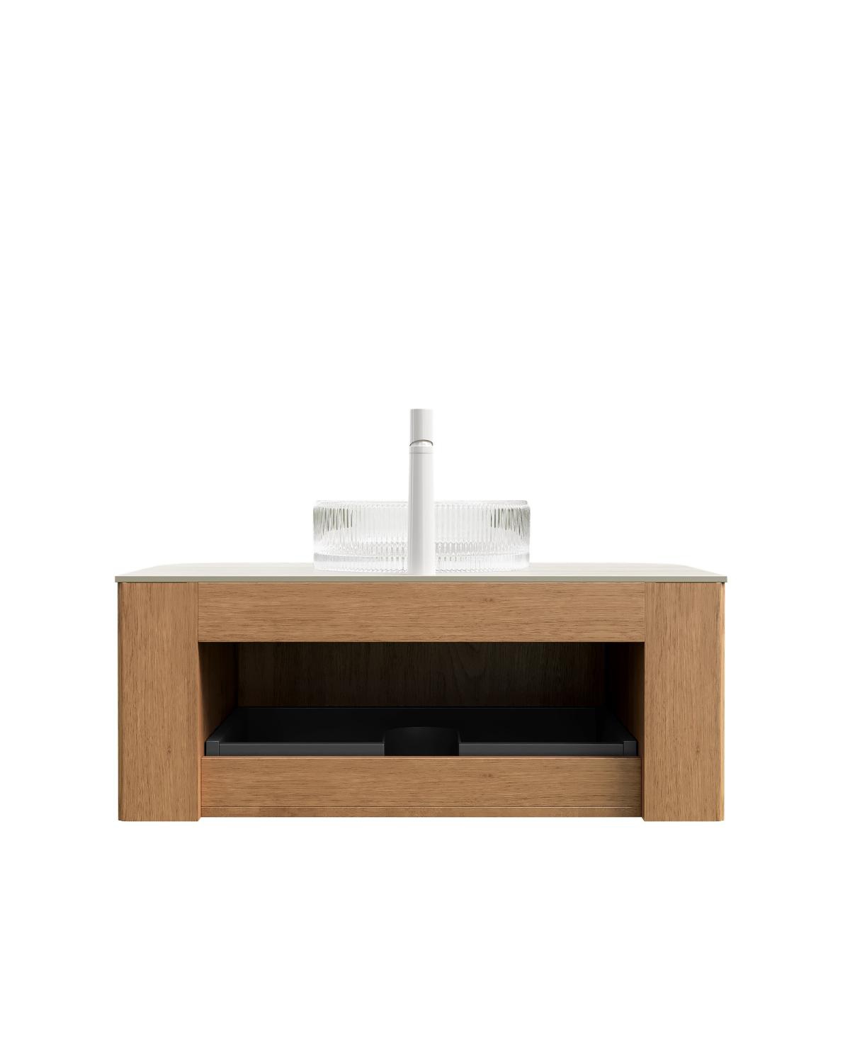 Sillysis Wall Mounted Bathroom Vanity with Crystal Glass Round Sink, Wood Grain Cabinet, Sintered Stone Top