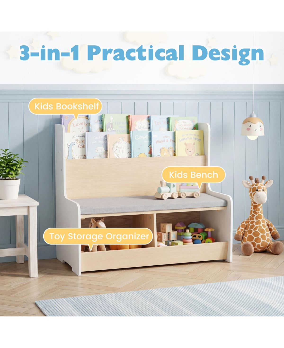 Gymax Kids Reading Nook with Bench Bookshelf and 2 Cubbies Removable Padded Seat Cushion