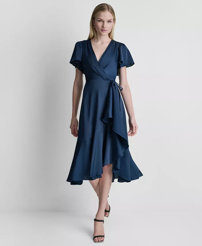 Women's Side Tie Faux Wrap Midi Dress