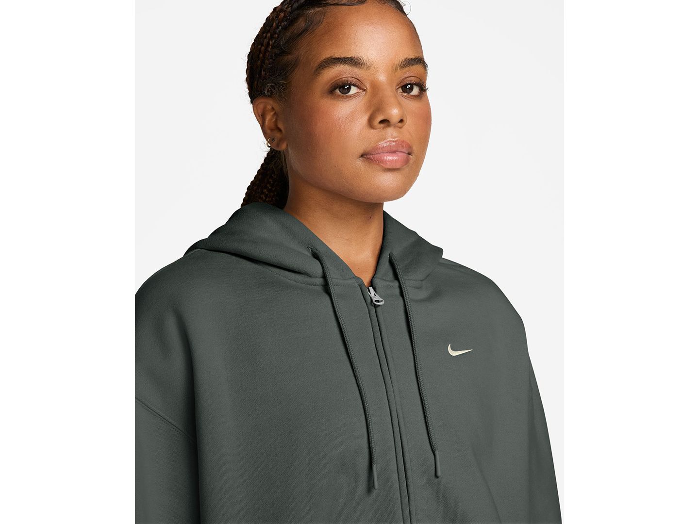 Женское худи Nike Studio Fleece Medium Weight Oversized Full-Zip, цвет: Камуфляжный зелёный / Молочный — фото 2