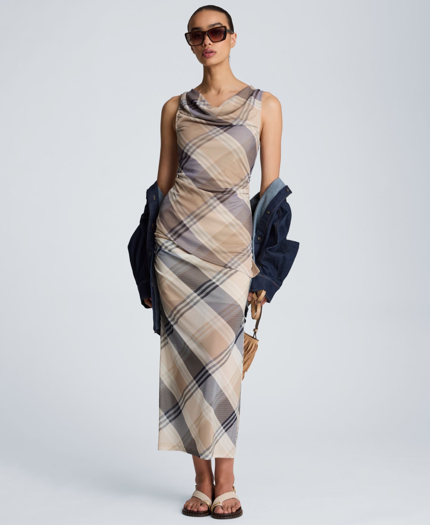 Женская юбка Kenneth Cole Side Ruched Mesh Plaid Midi, цвет: Песочный рыжевато-коричневый — фото 2