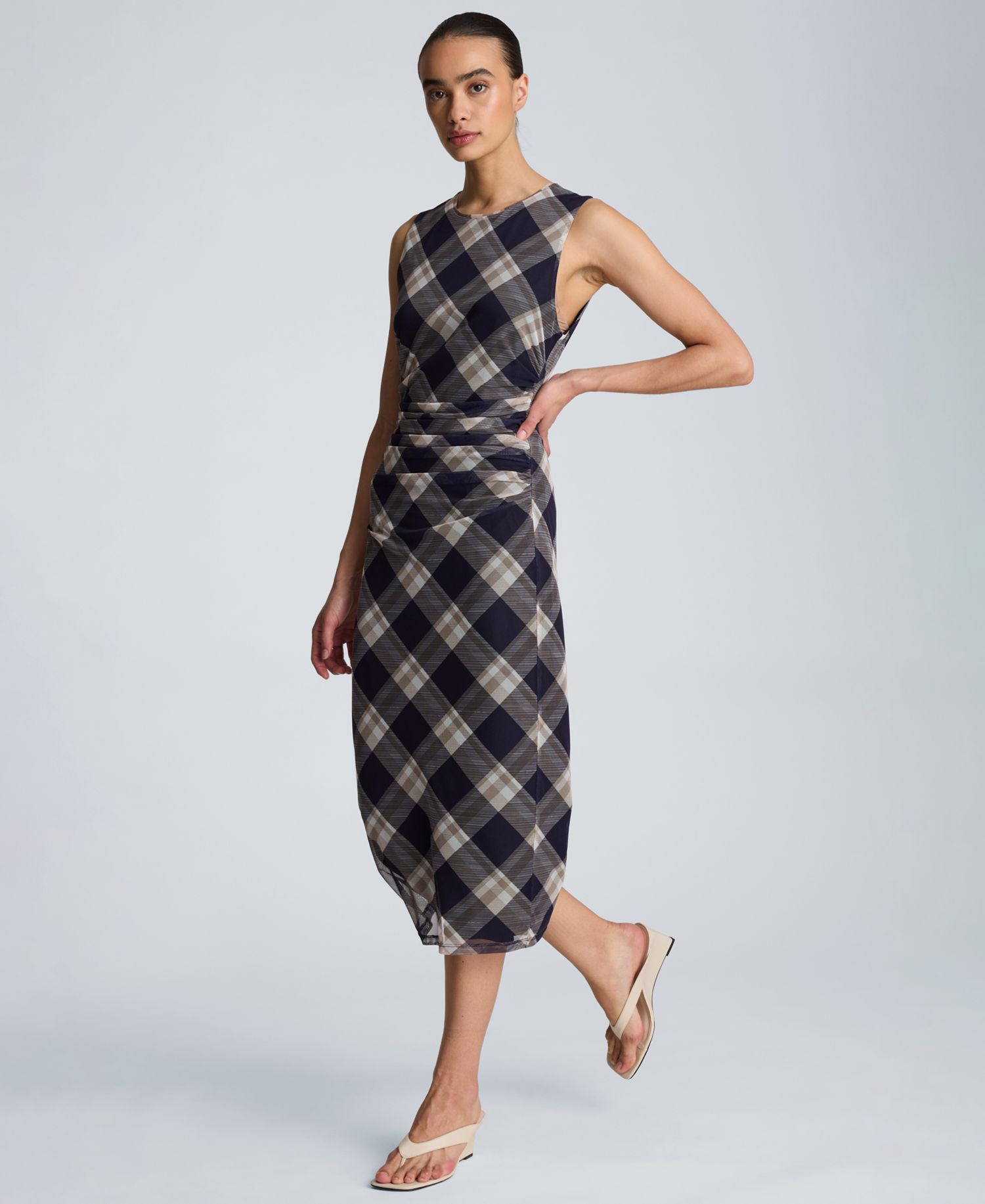 Women's Sleeveless Side Ruched Plaid Midi Dress