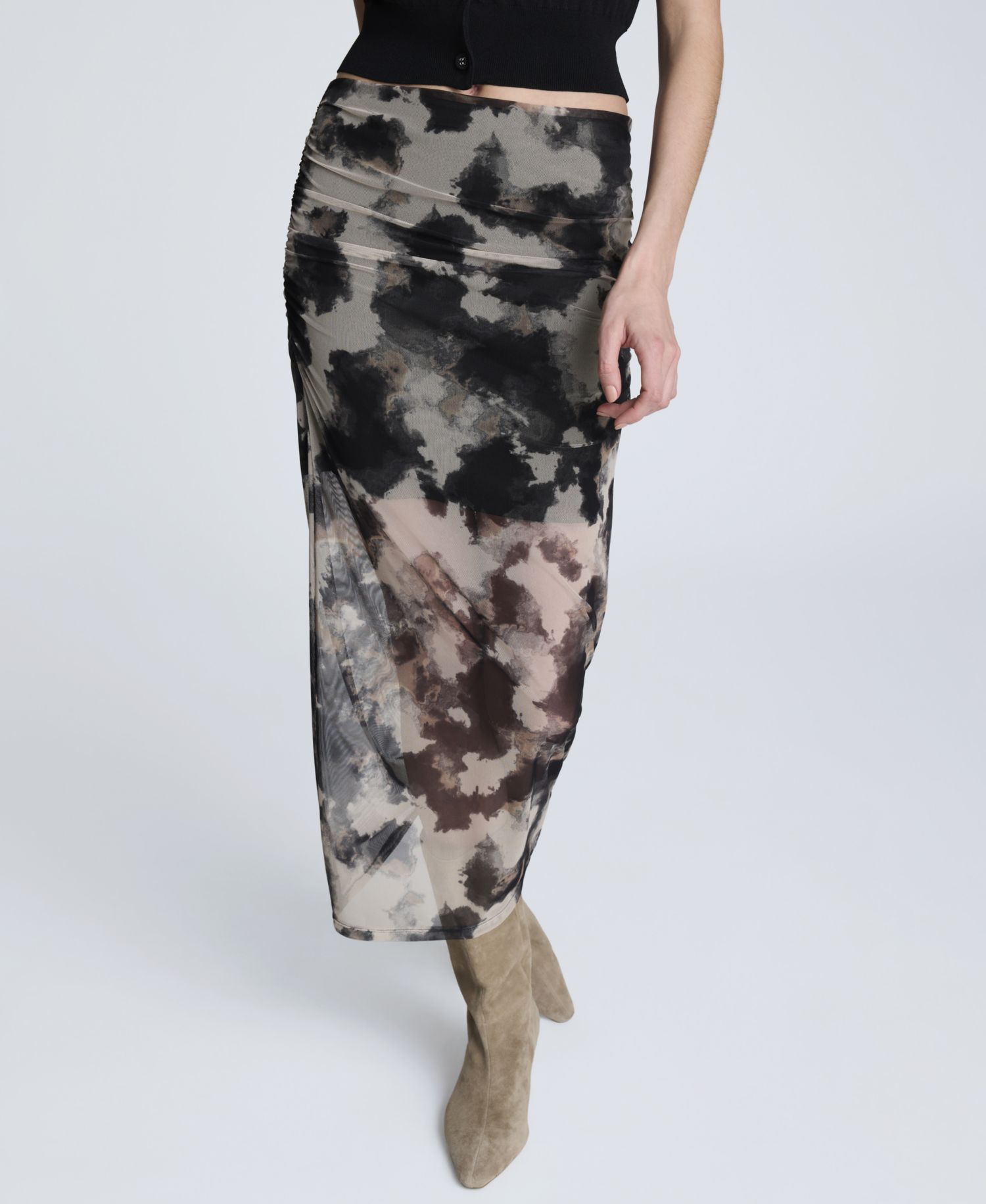 Women's Side Ruched Printed Mesh Midi Skirt