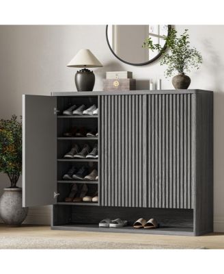 46 Inch Wooden Shoe Storage Cabinet with Fluted Door and Adjustable Shelves, Large Entryway Organizer Holding 30-35 Pairs for Living Room