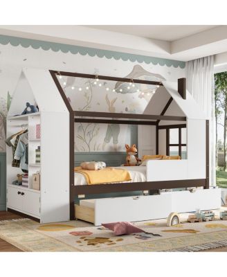Twin Size House Platform Bed with Drawers and Shelves