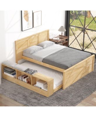 Full Size Wooden Platform bed with Pull Out Trundle,Storage Cabinet