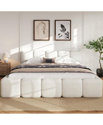 California King Boucle Platform Bed with Thick Headboard and Footboard