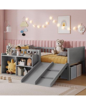 Twin Low Loft Bed with Slide and Movable Bookshelf