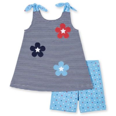 Toddler Girls Stripe Knit Short Set With Flowers and Stars