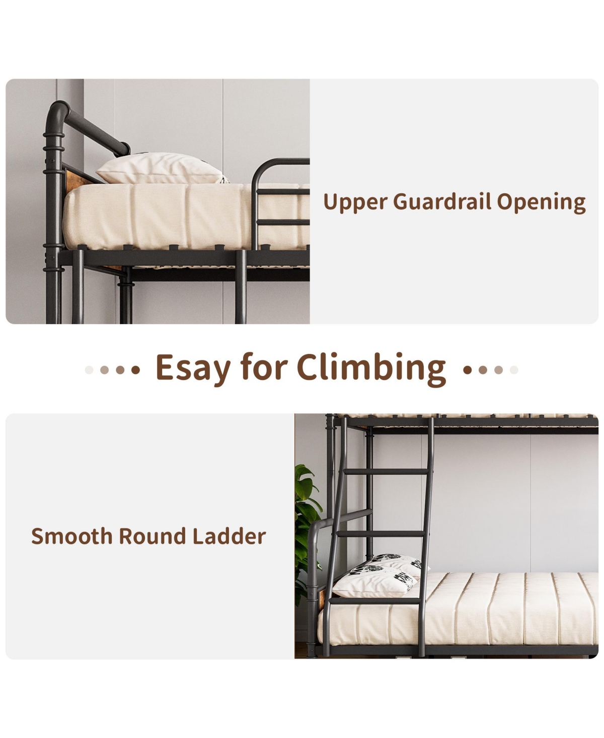 homfan Modern Metal Bunk Bed Frame with Guardrails and Secure Ladder, Convertible Split Design, Under-Bed Storage Clearance, Industrial Style