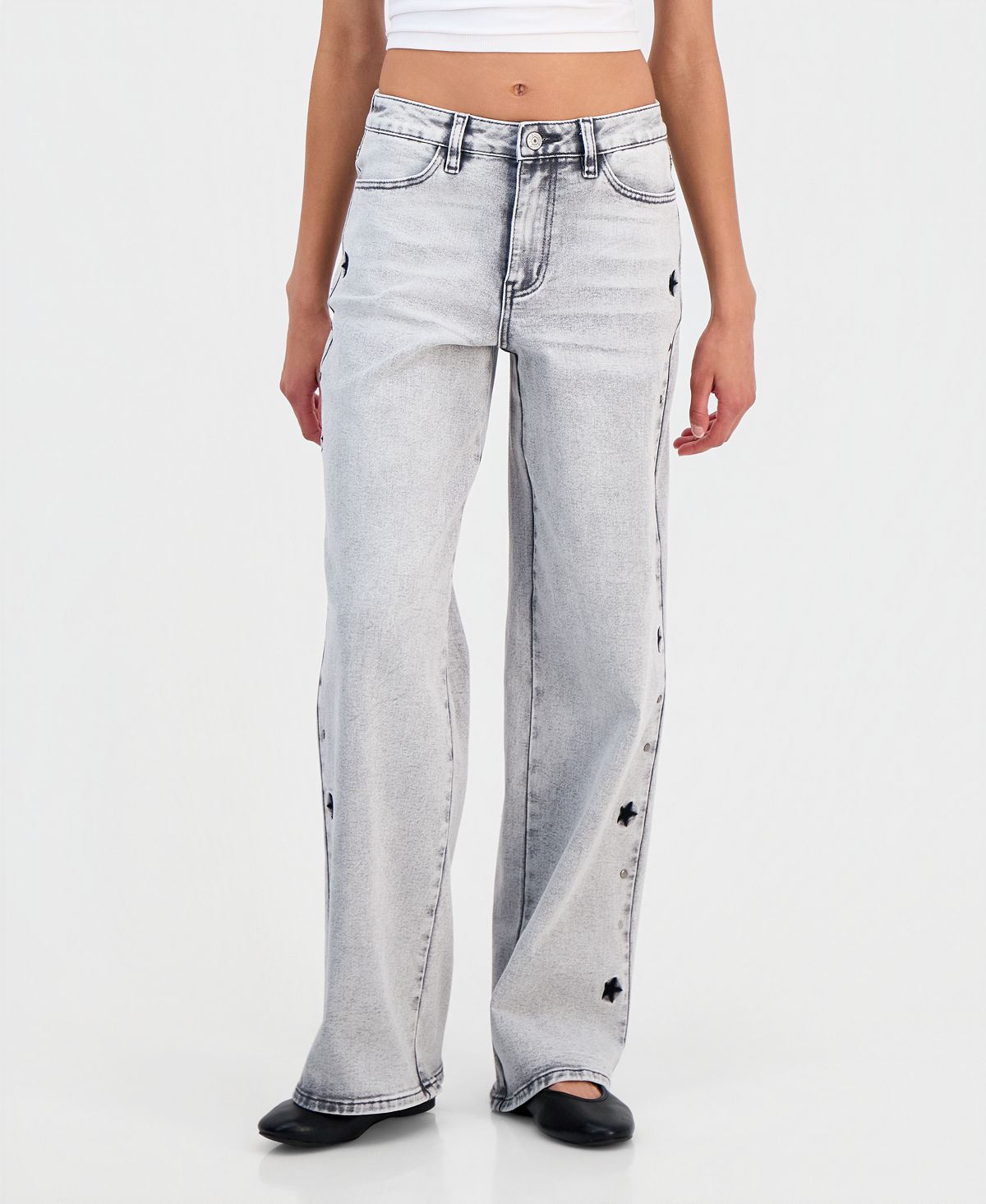 Madden Girl Juniors' Star Stud Mid Rise Wide Leg Jeans view 4 — MAYCSS fashion products