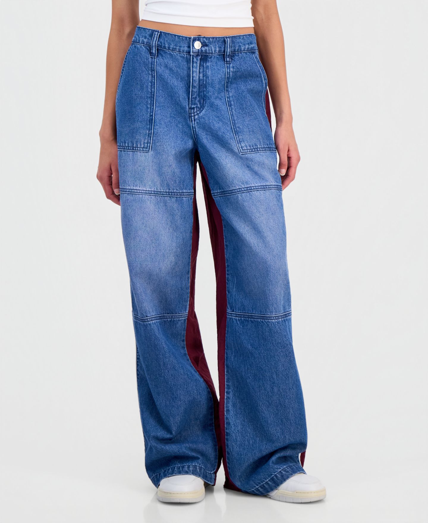 Женские джинсы Madden Girl Juniors' Mixed Materials Wide Leg, цвет: Джинсовый / Бордовый — фото 2