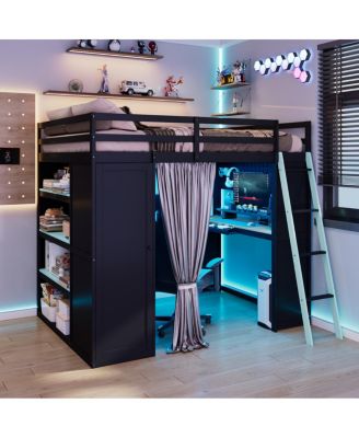 Full Size Wood Loft Bed with Wardrobe, Shelves, Curtains and Lights