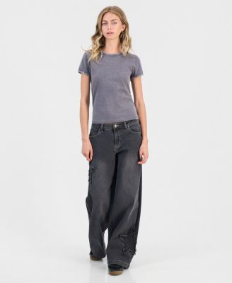 Juniors' Star Patch High Rise Wide Leg Jeans