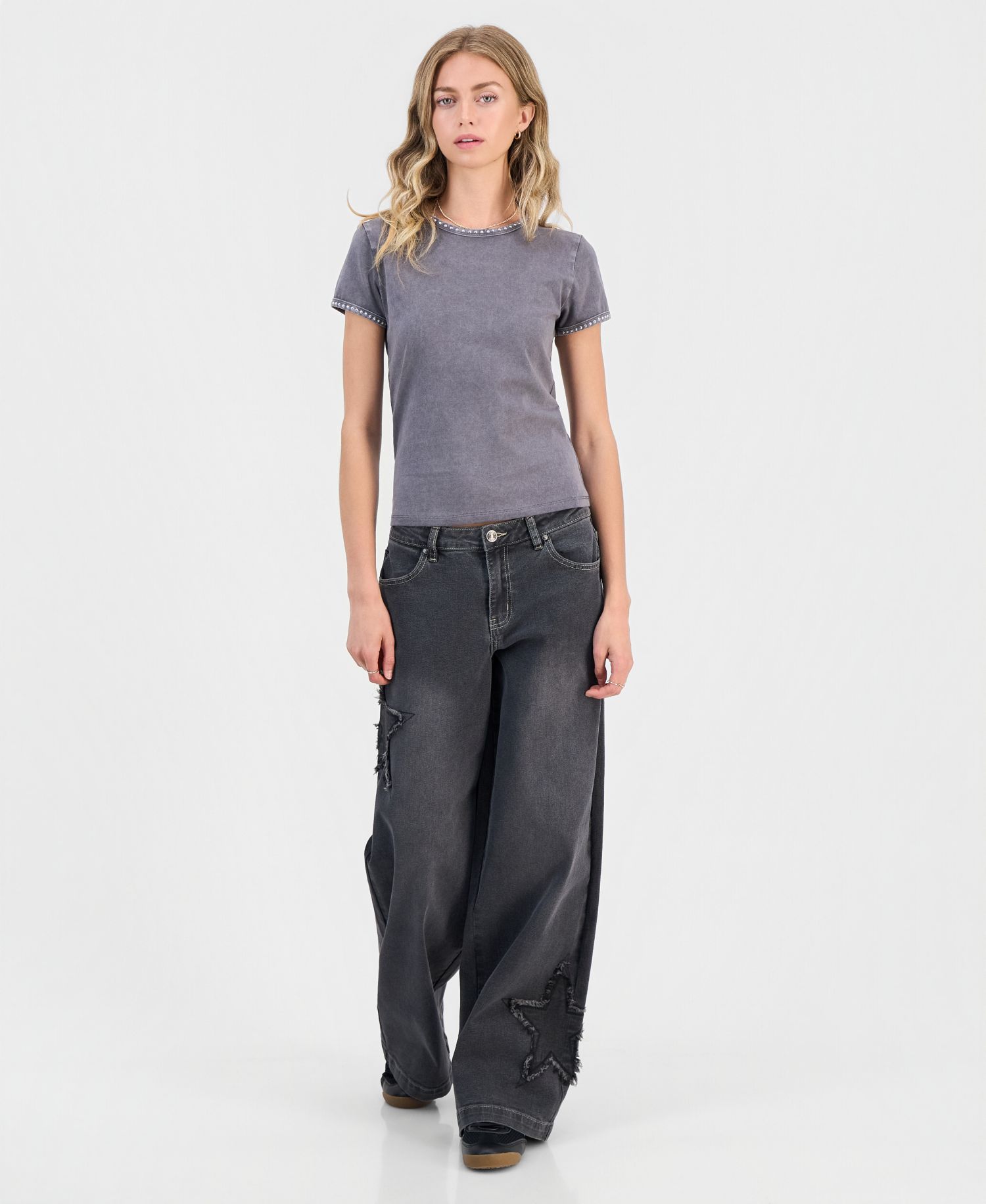 Juniors' Star Patch High Rise Wide Leg Jeans