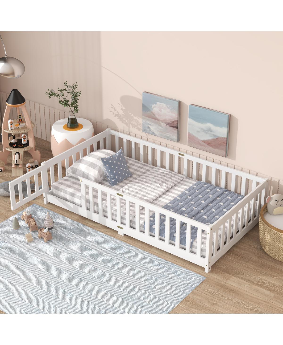 Streamdale Furniture Twin Size Floor Bed with Fence and Door