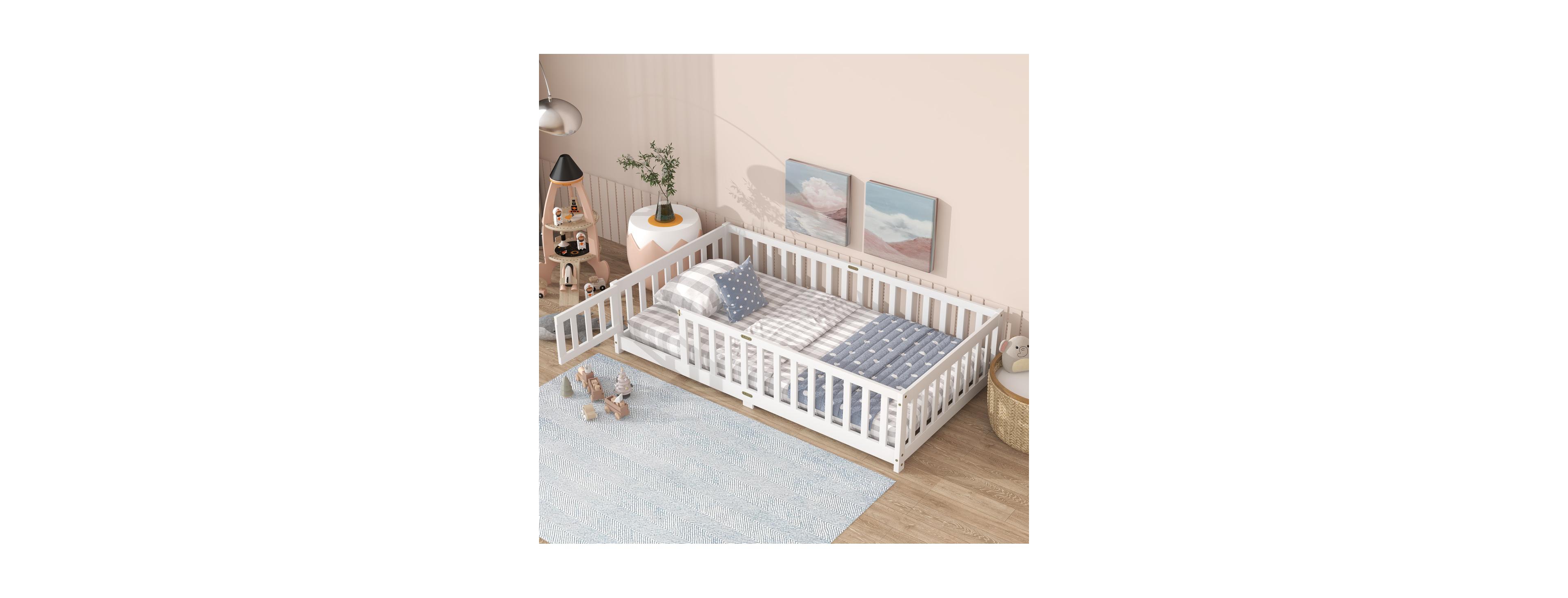 Streamdale Furniture Twin Size Floor Bed with Fence and Door