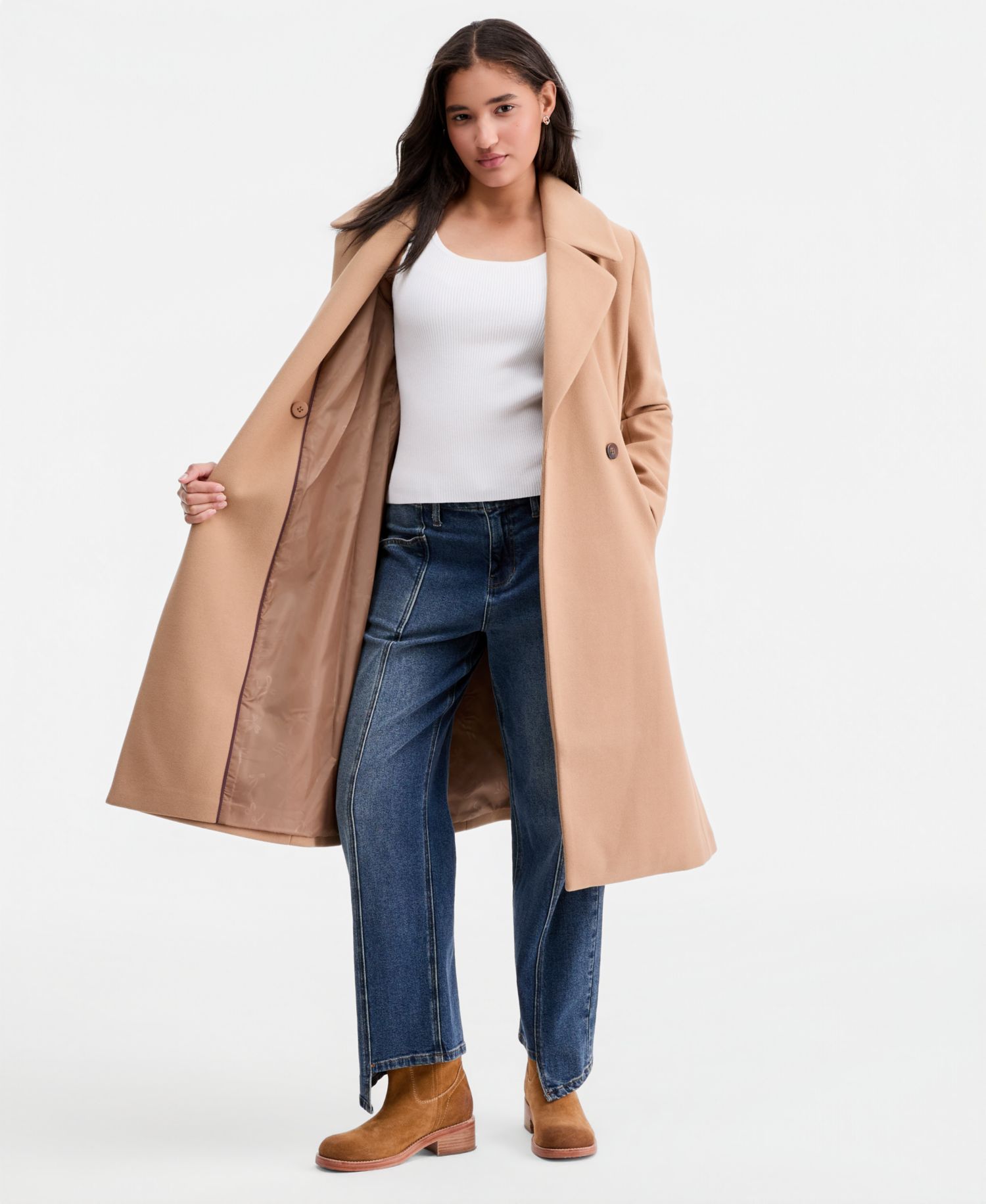 Petite Double-Breasted Belted Bow Back Coat
