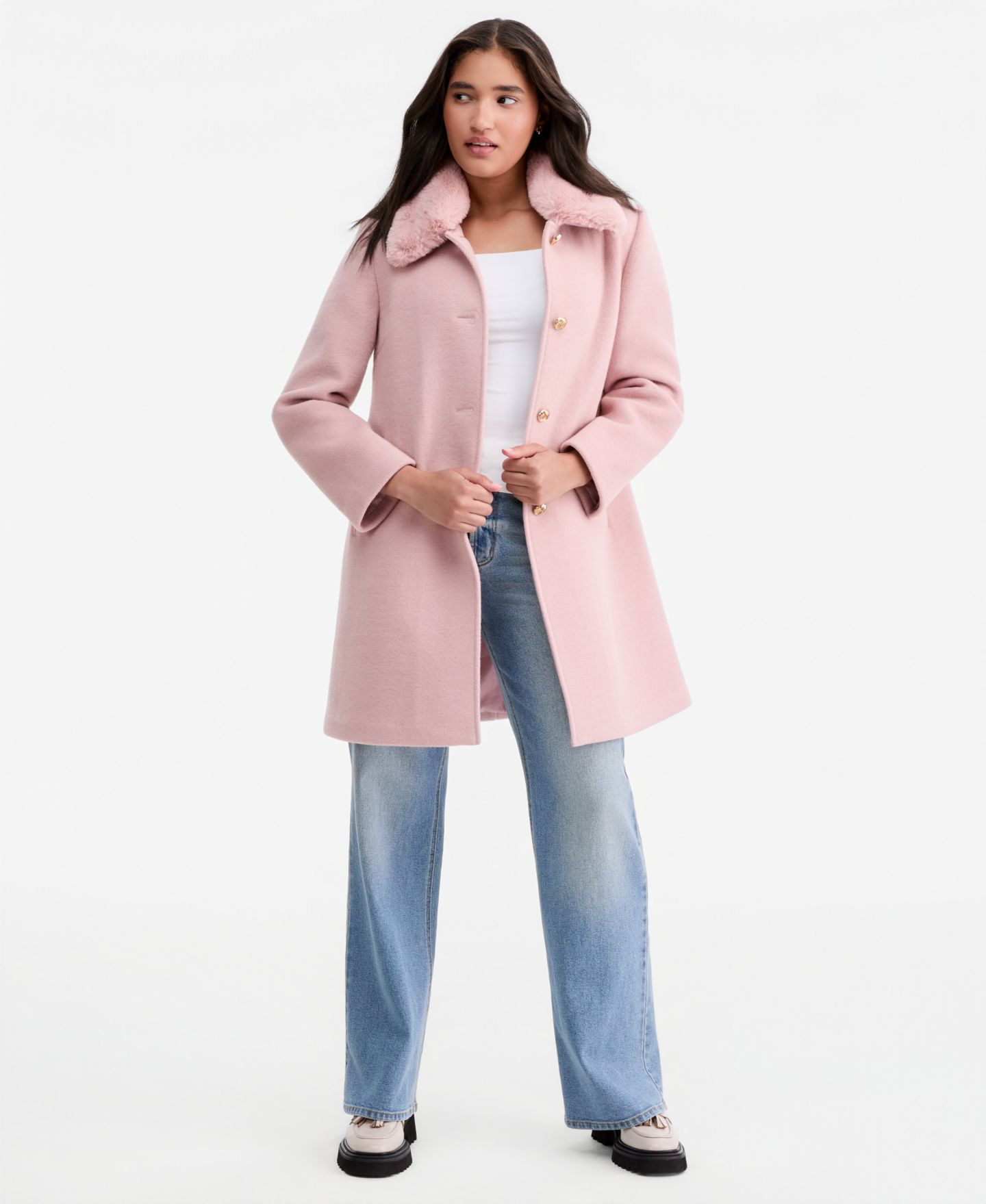 Женское пальто CeCe Faux-Fur Club Collar Mid-Length Lined, цвет: Пудровый розовый однотонный — фото 3