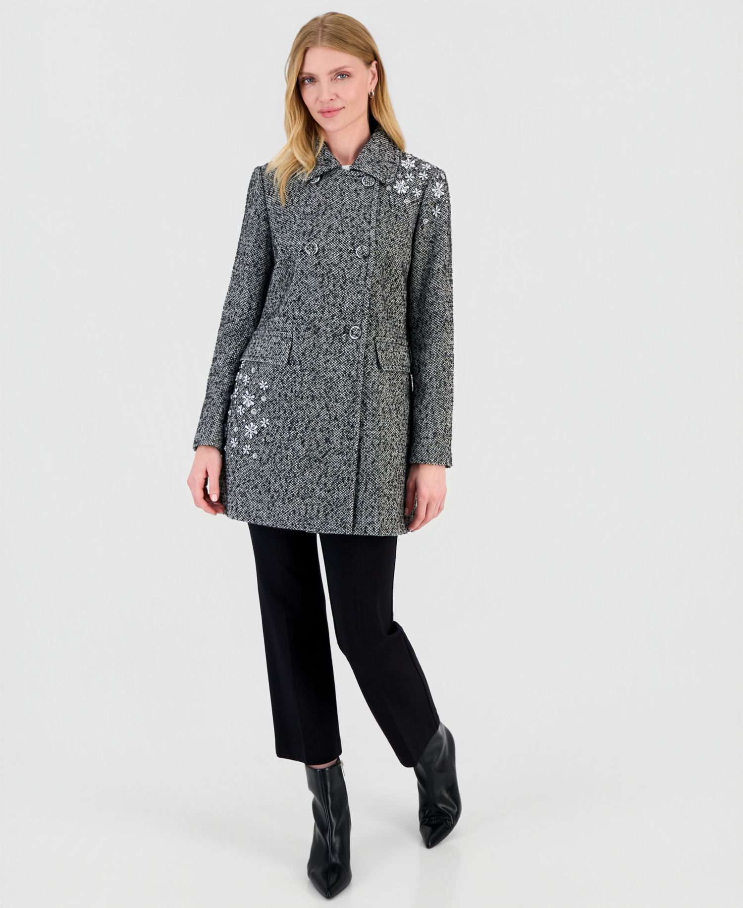 Women's Floral Beaded Double-Breasted Coat, Created for Macy's