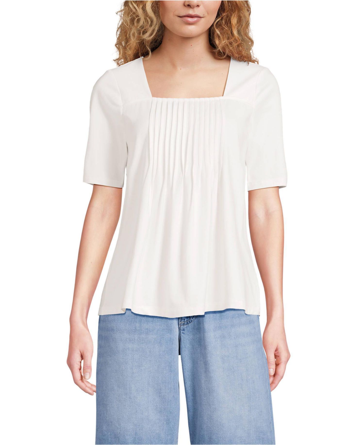 Women's Elbow Sleeve Lightweight Jersey Pintuck Square Neck Top