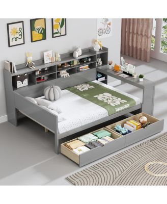 Wooden Daybed with Storage Shelves, Drawers, and Study Desk