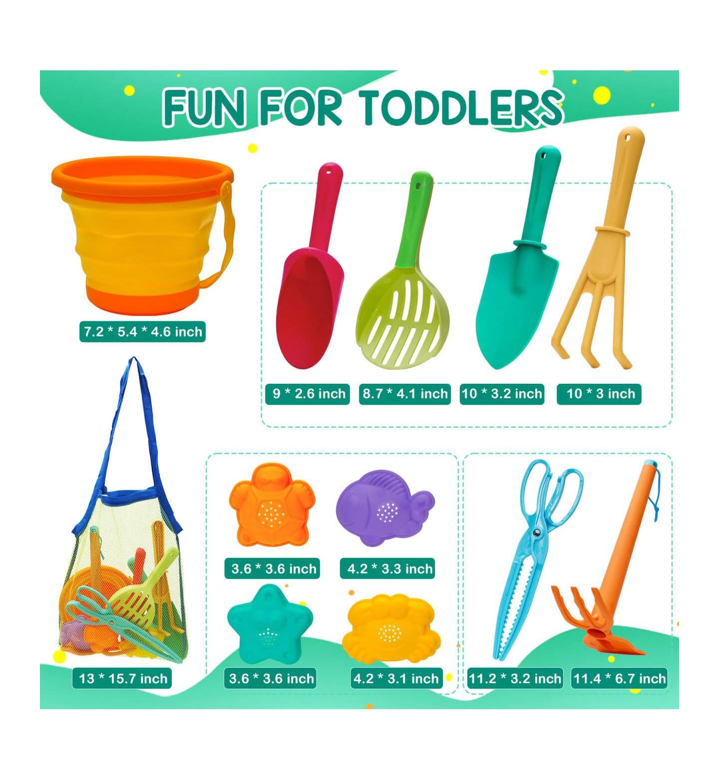Детские игрушки GNUADZ 11-Piece Beach Sand Toys Set with Foldable Bucket and Mesh Bag, Ages 2+, цвет: Разноцветный — фото 2