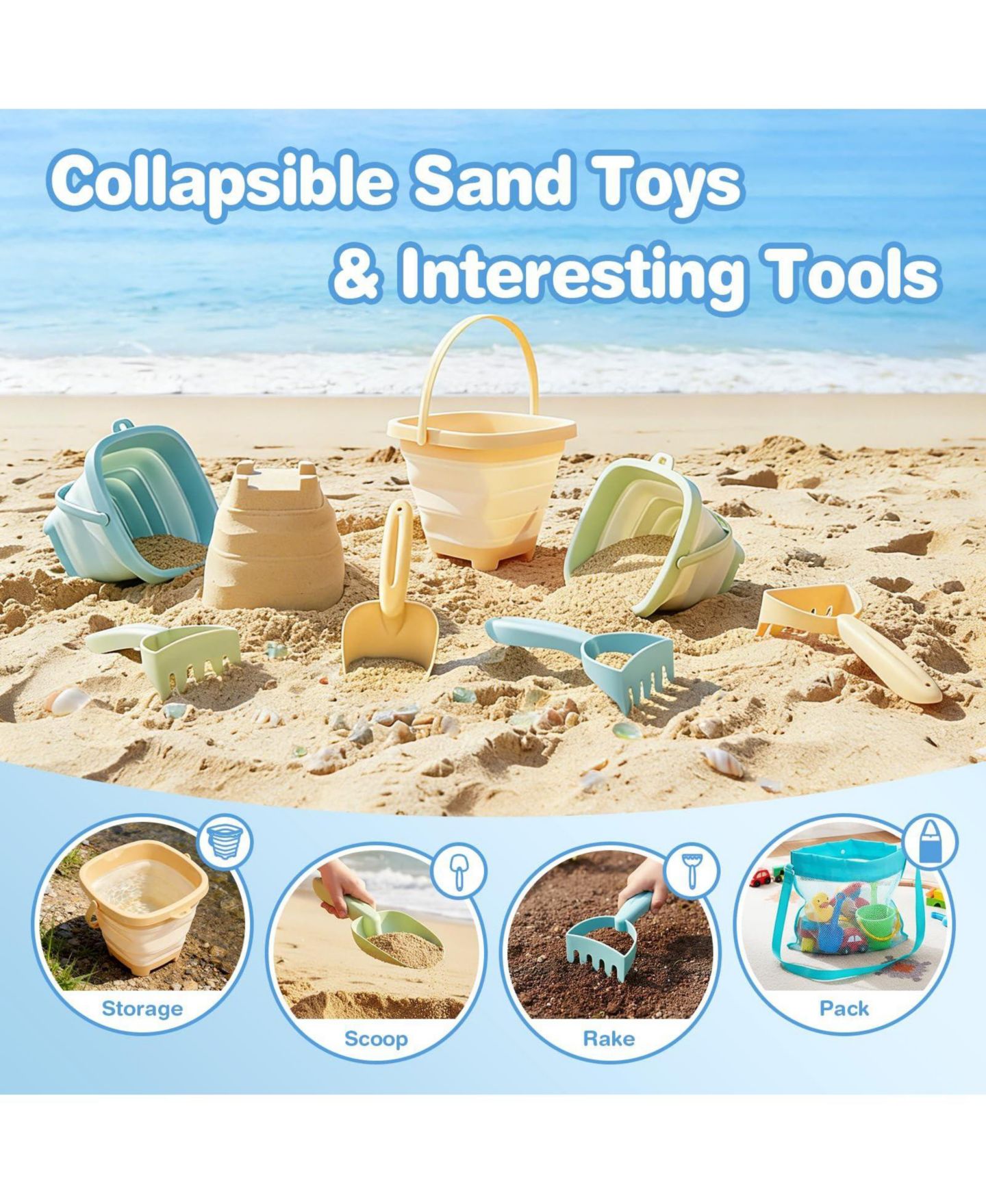 Детские игрушки GNUADZ Collapsible Sand Buckets with Shovels, Rakes, and Mesh Bag, 3-Piece Set, Ages 3+, цвет: Three Buckets Set — фото 2