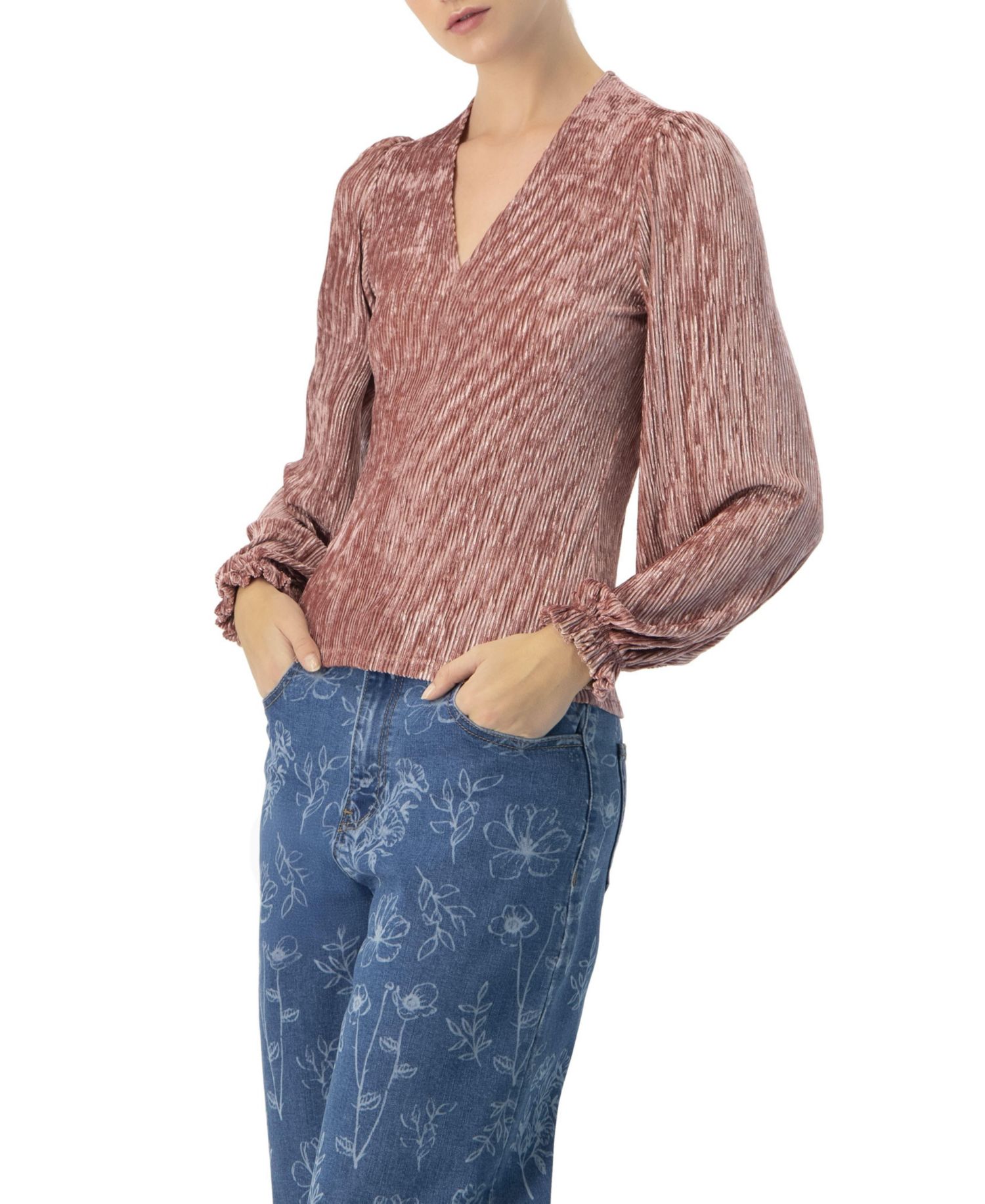 Women's Pleated Velvet V-Neck Blouse