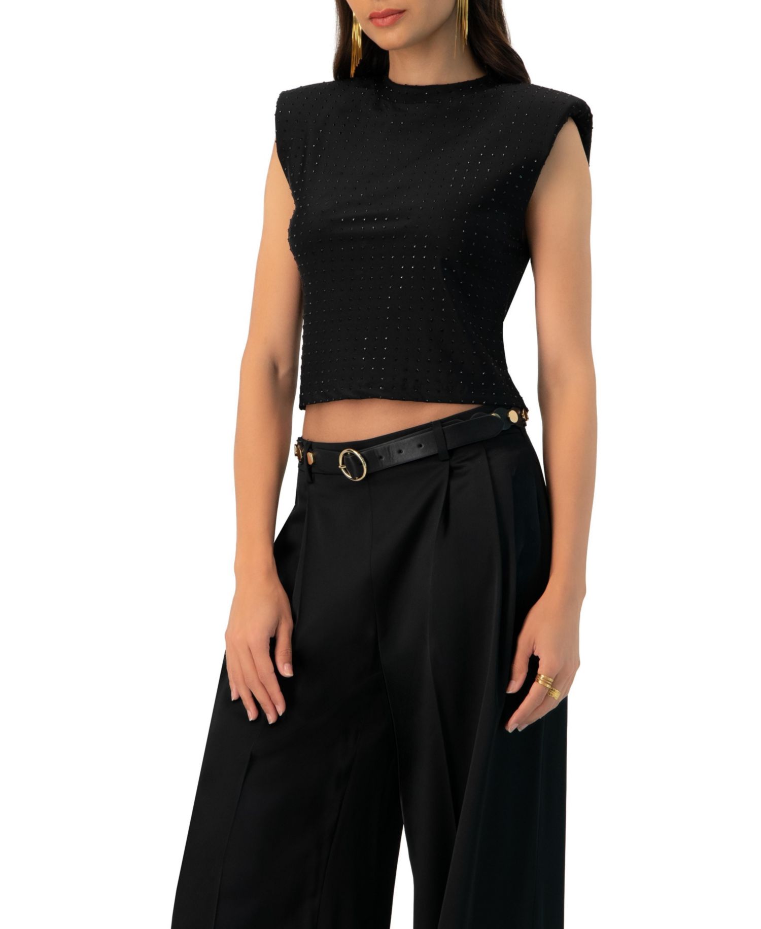 Women's Padded-Shoulder Cropped Rhinestone Top